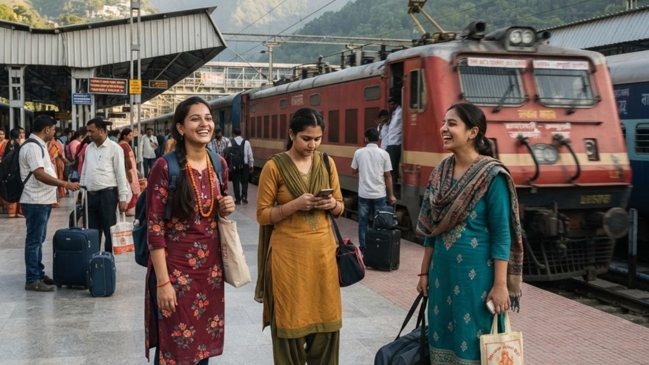 A sleek modern semi-high-speed Vande Bharat Express train parked at a station platform in India.
