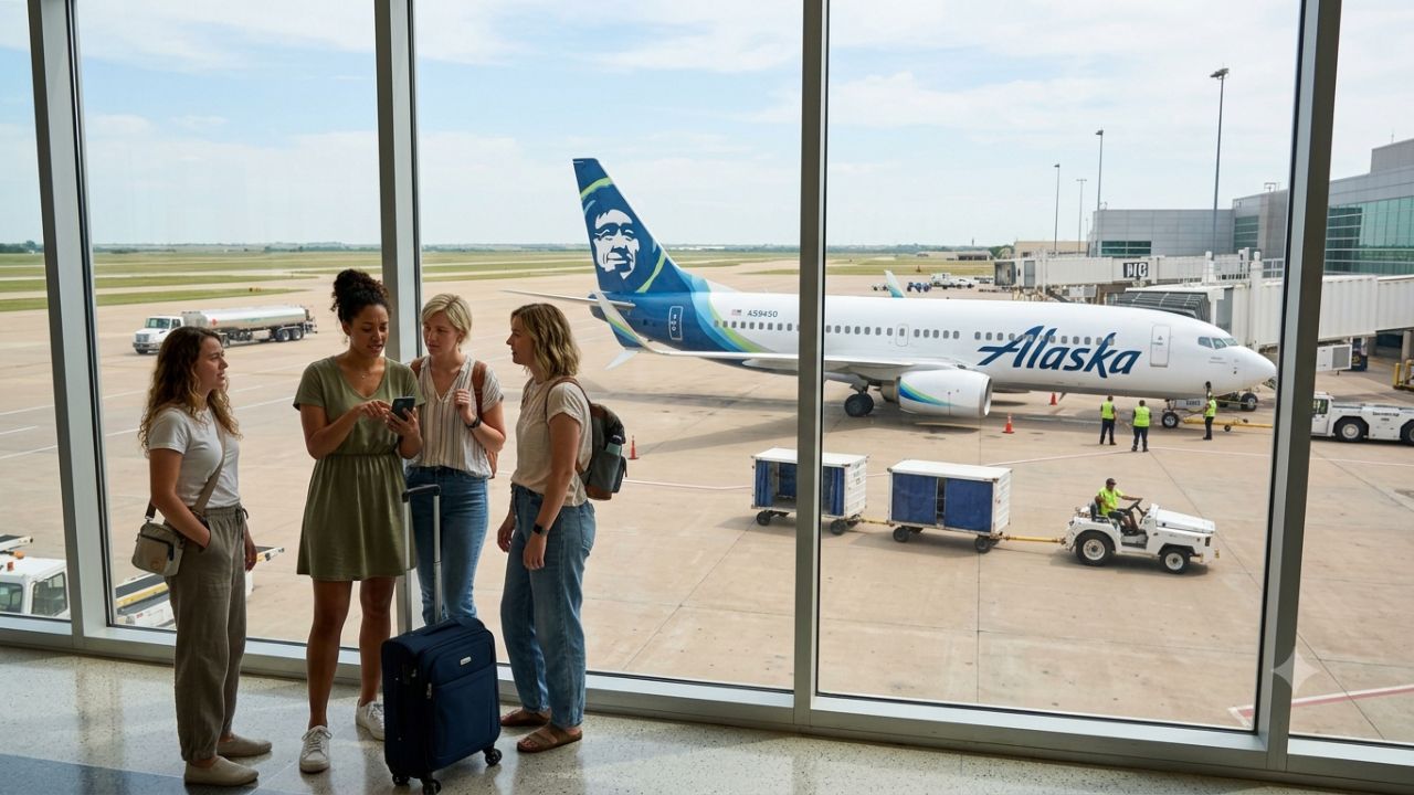An Alaska Airlines Boeing 737-700 parked at a gate under overcast skies.
