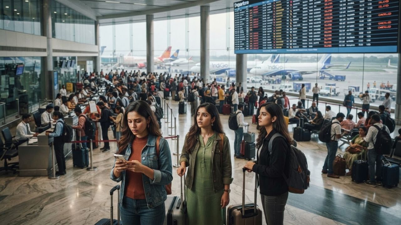 A busy international airport terminal with passenger flights parked at departure gates.