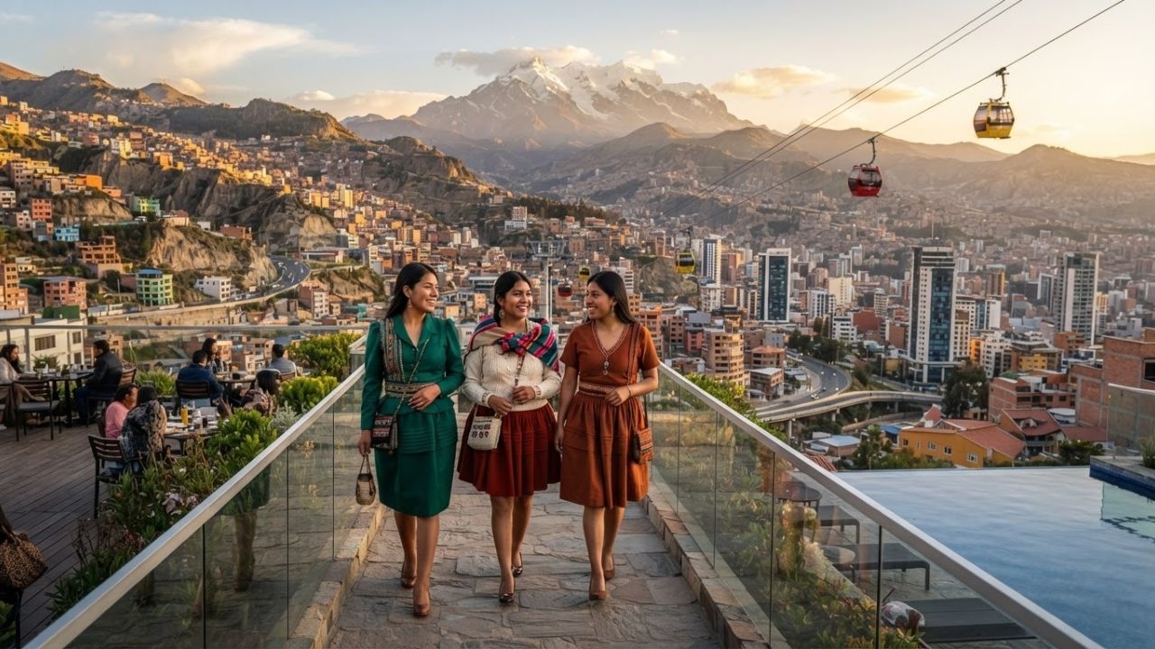 A luxurious Bolivian hotel overlooking a vibrant cityscape under a dramatic golden sunset sky.