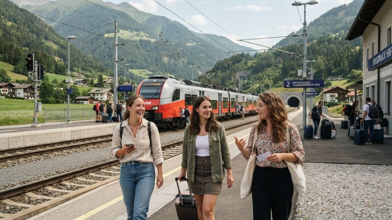 A photorealistic rendering of a passenger train passing through a scenic Alpine valley in Austria.