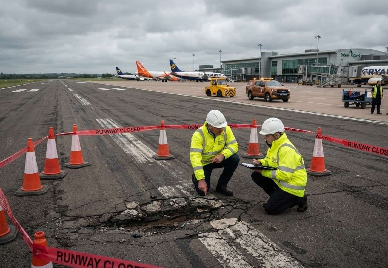 Aerial view of a commercial airport runway under maintenance