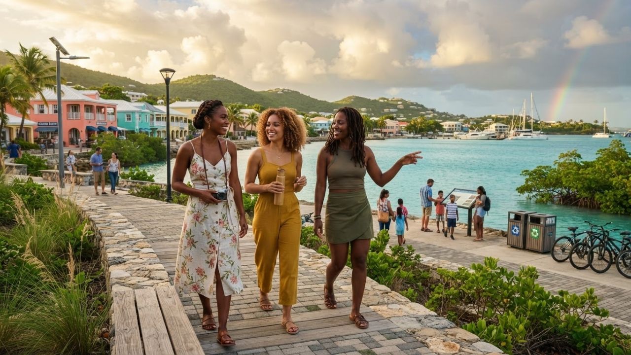 A scenic tropical beach in the Caribbean with palm trees and calm turquoise water, representing regional tourism resilience.