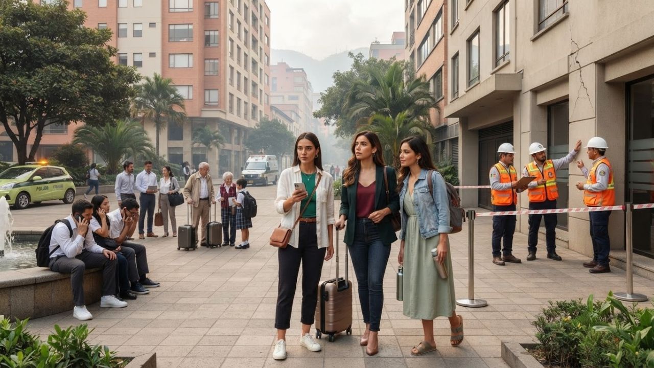 A photorealistic wide-angle travel photograph of a historic street in Bogota with Andes mountains in the background under clear skies