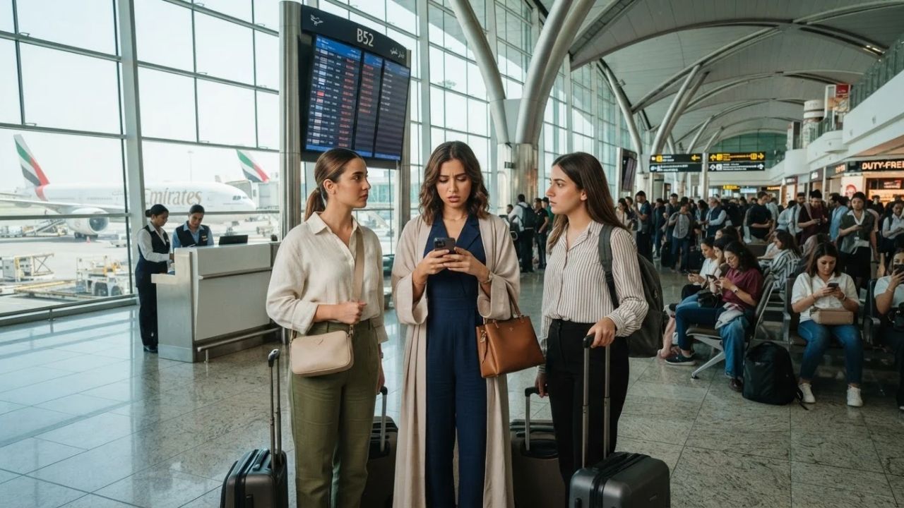 A crowded airport gate area with passengers checking flight display monitors showing multiple delayed flights.
