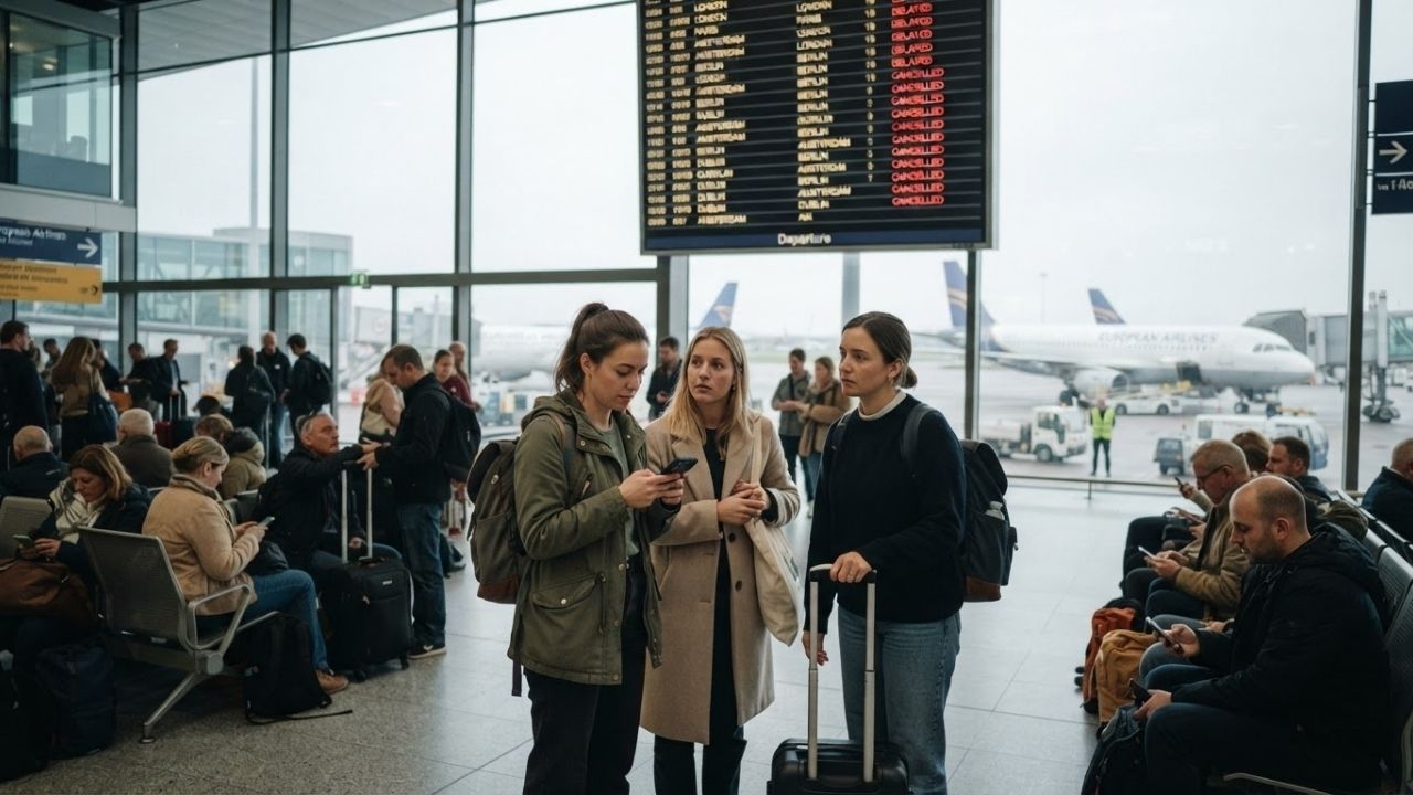 A busy airport terminal departure board displaying delayed and cancelled flight statuses.