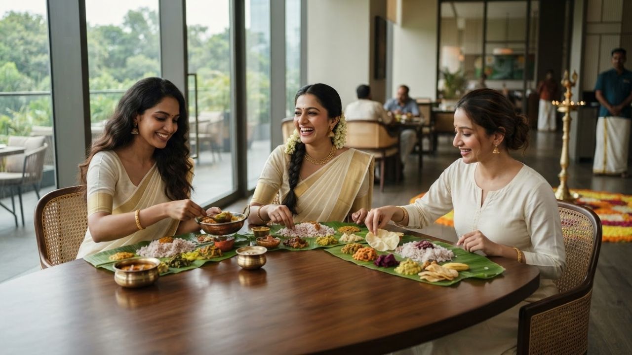 A traditional Kerala Onam Sadhya feast served beautifully on a green banana leaf with multiple vegetarian curries.