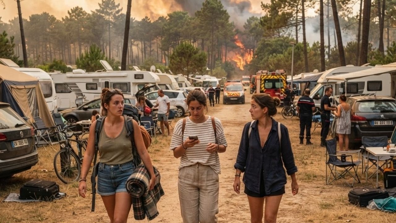 A photorealistic rendering of a summer campsite in southwestern France with campers evacuating as a large wildfire spreads through pine forests.