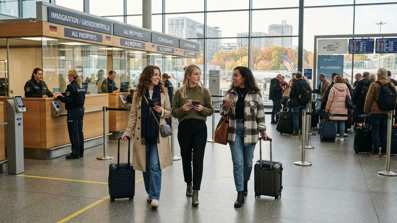 A traveler holding a British passport at an airport gate.
