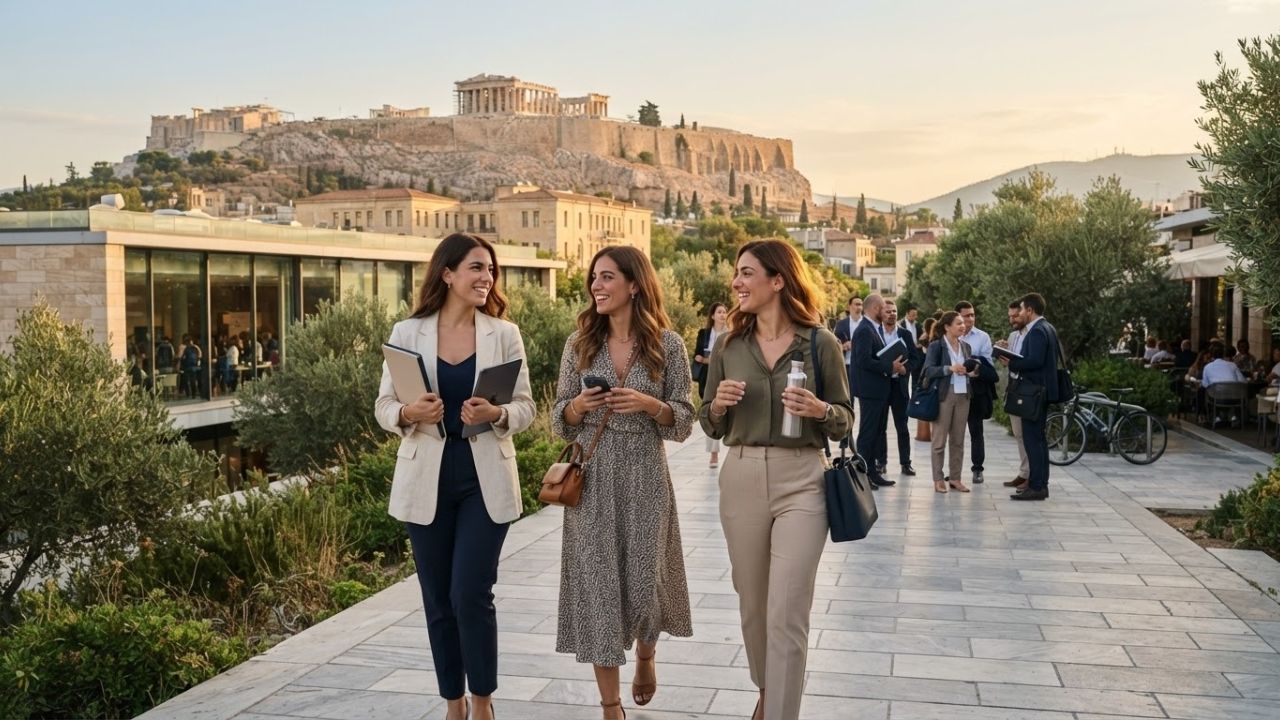 A scenic view of the Acropolis in Athens representing heritage tourism and international conferences.