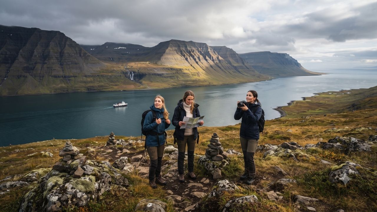 A rugged grassy cliff overlooking the ocean in the remote Hornstrandir Nature Reserve, Iceland.