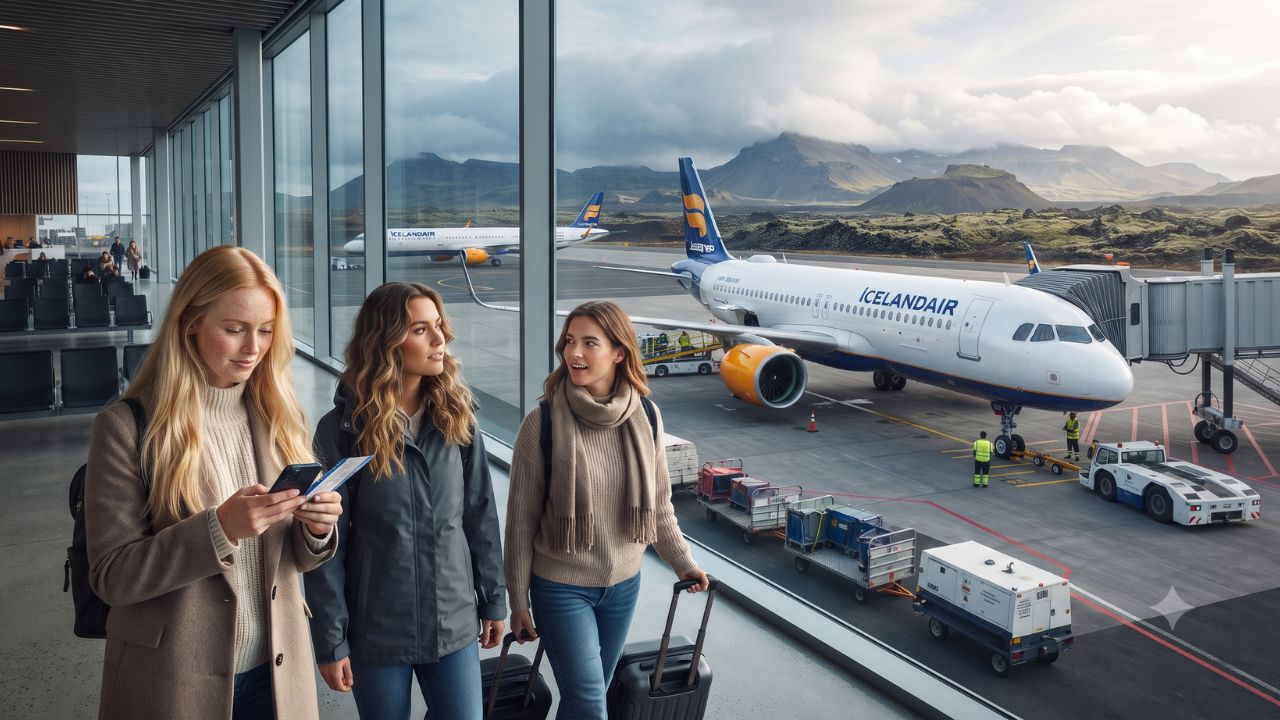 A modern commercial Airbus aircraft painted in Icelandair livery readying for takeoff.