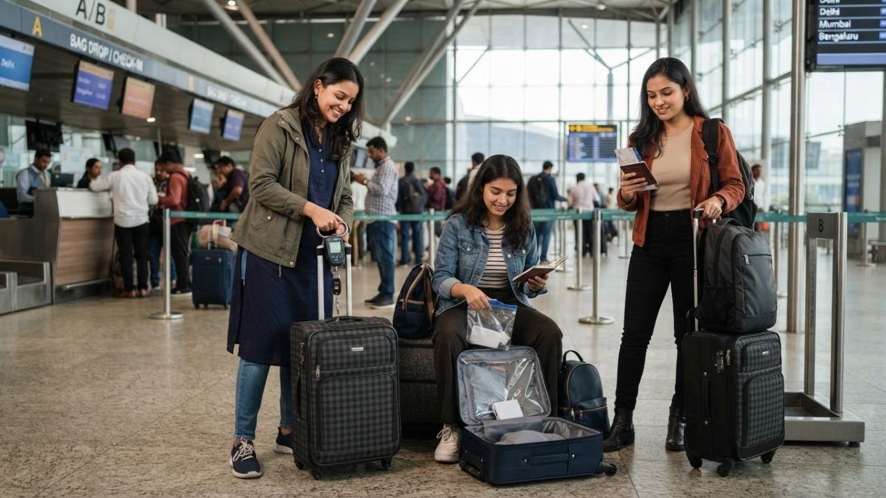 A passenger placing a suitcase onto a weight scale at an airport check-in counter.