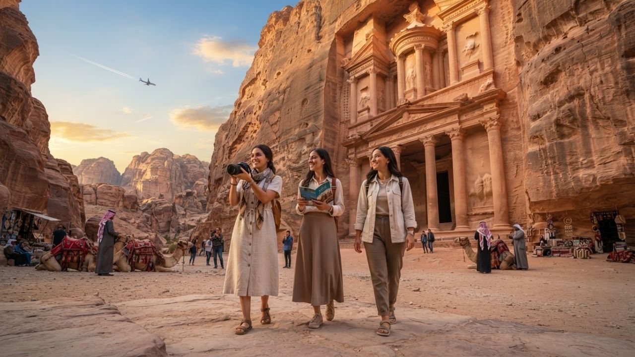 A scenic view of the Treasury carving in the ancient city of Petra under clear blue skies.