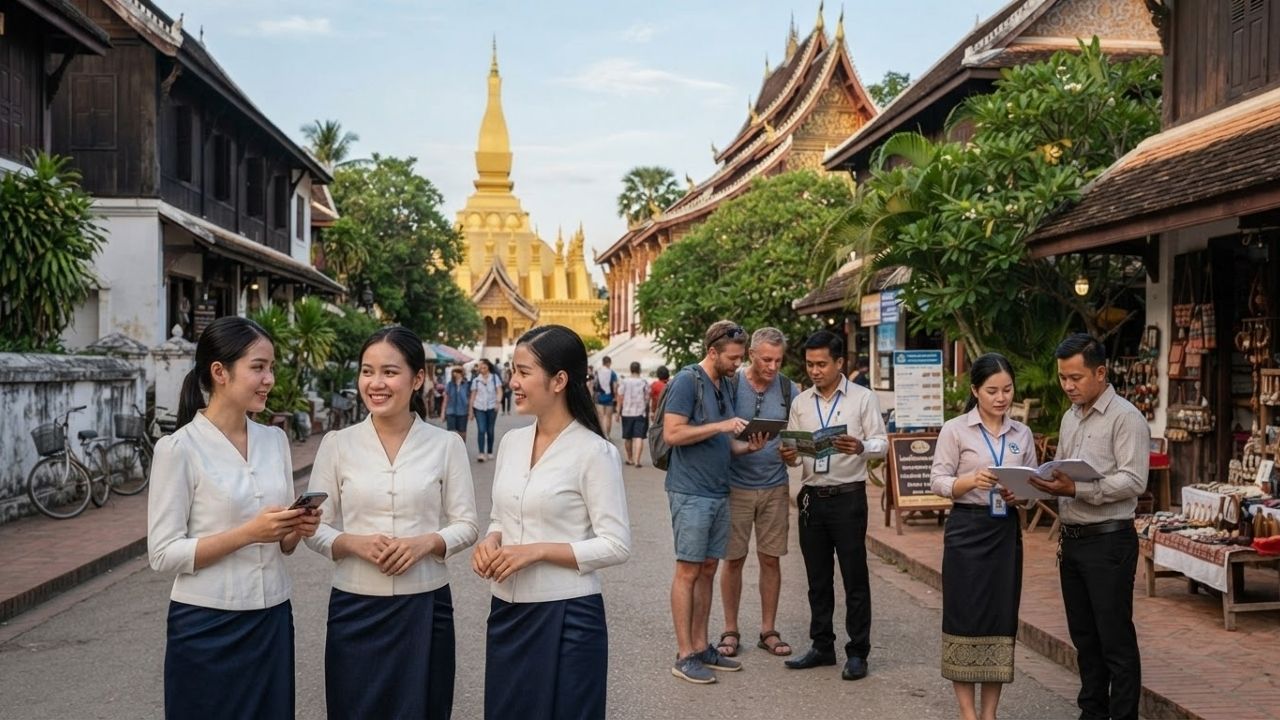 A scenic sunset view of the golden Wat Xieng Thong temple in Luang Prabang, Laos.