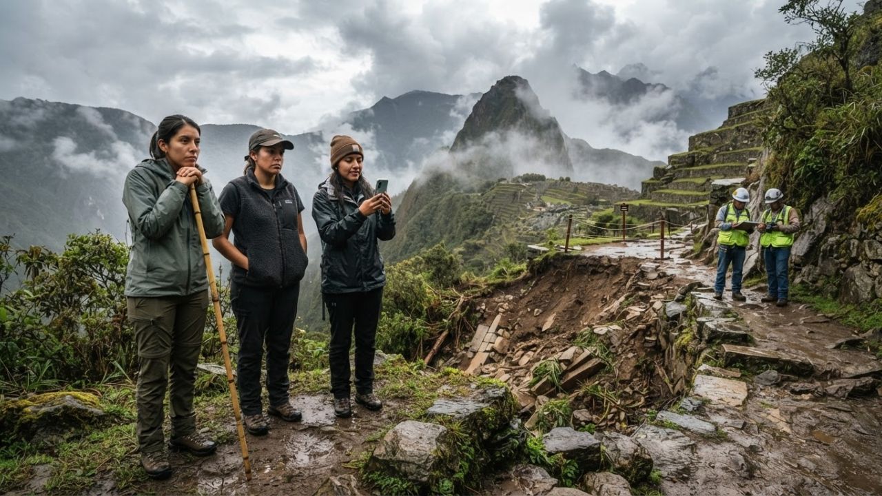 Scenic view of the stone structures of Machu Picchu under cloudy Andean skies.