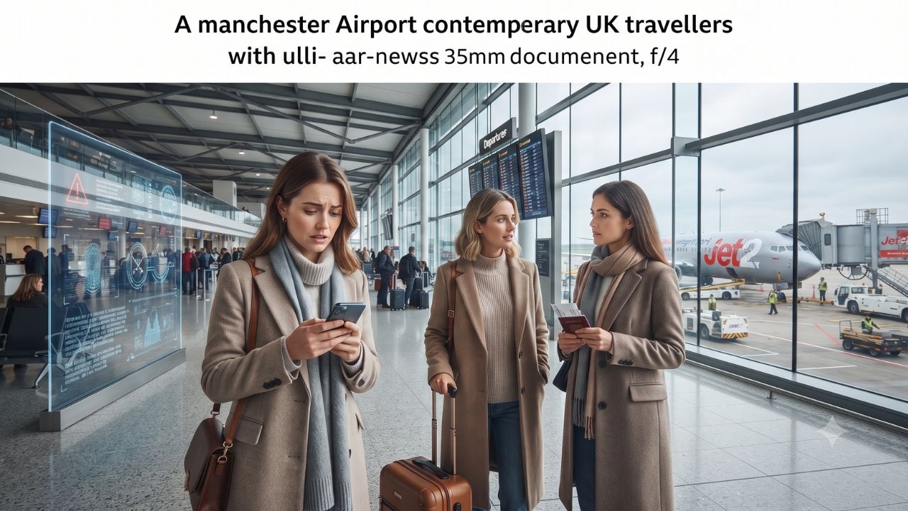 A busy terminal check-in hall at a modern UK airport.