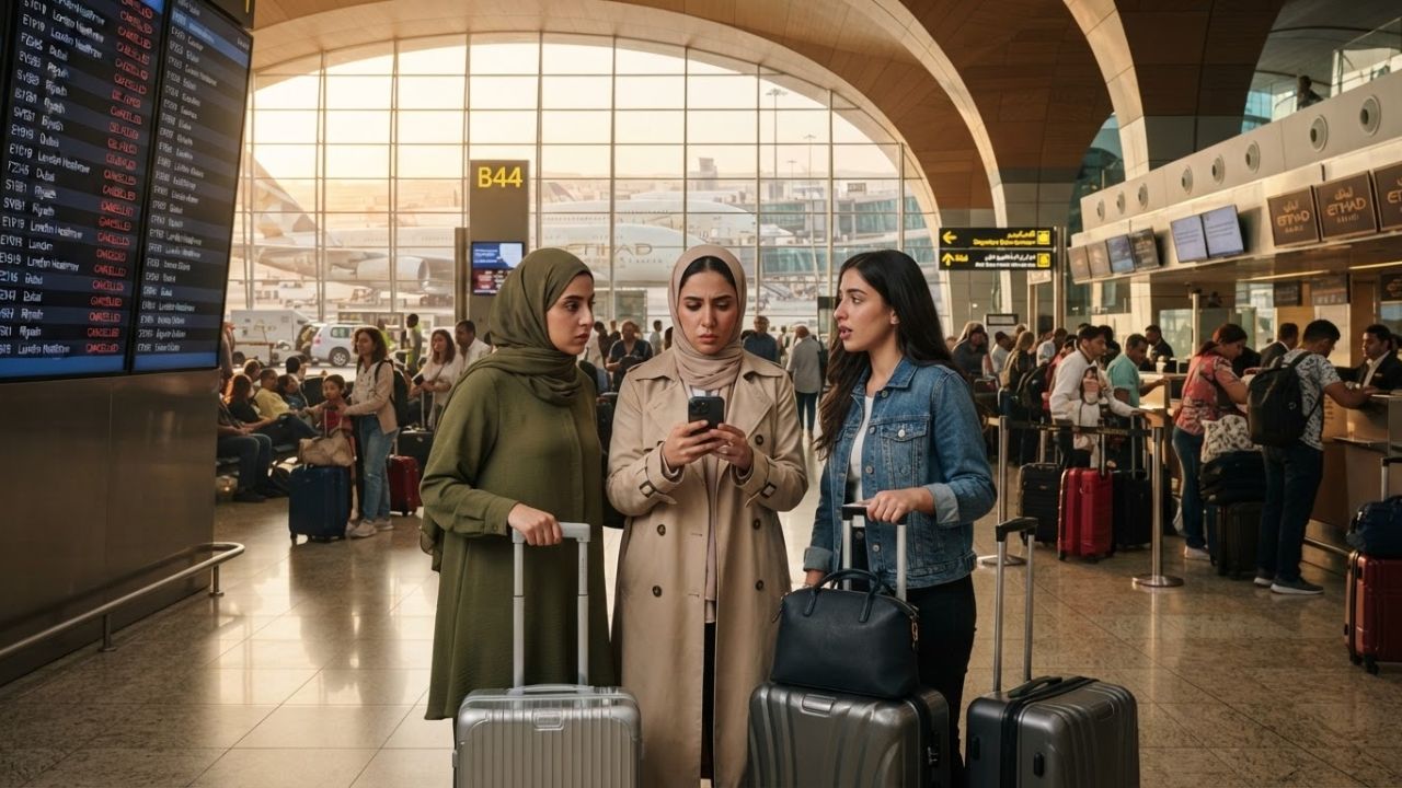 A busy airport terminal with flight information display boards listing delayed flights