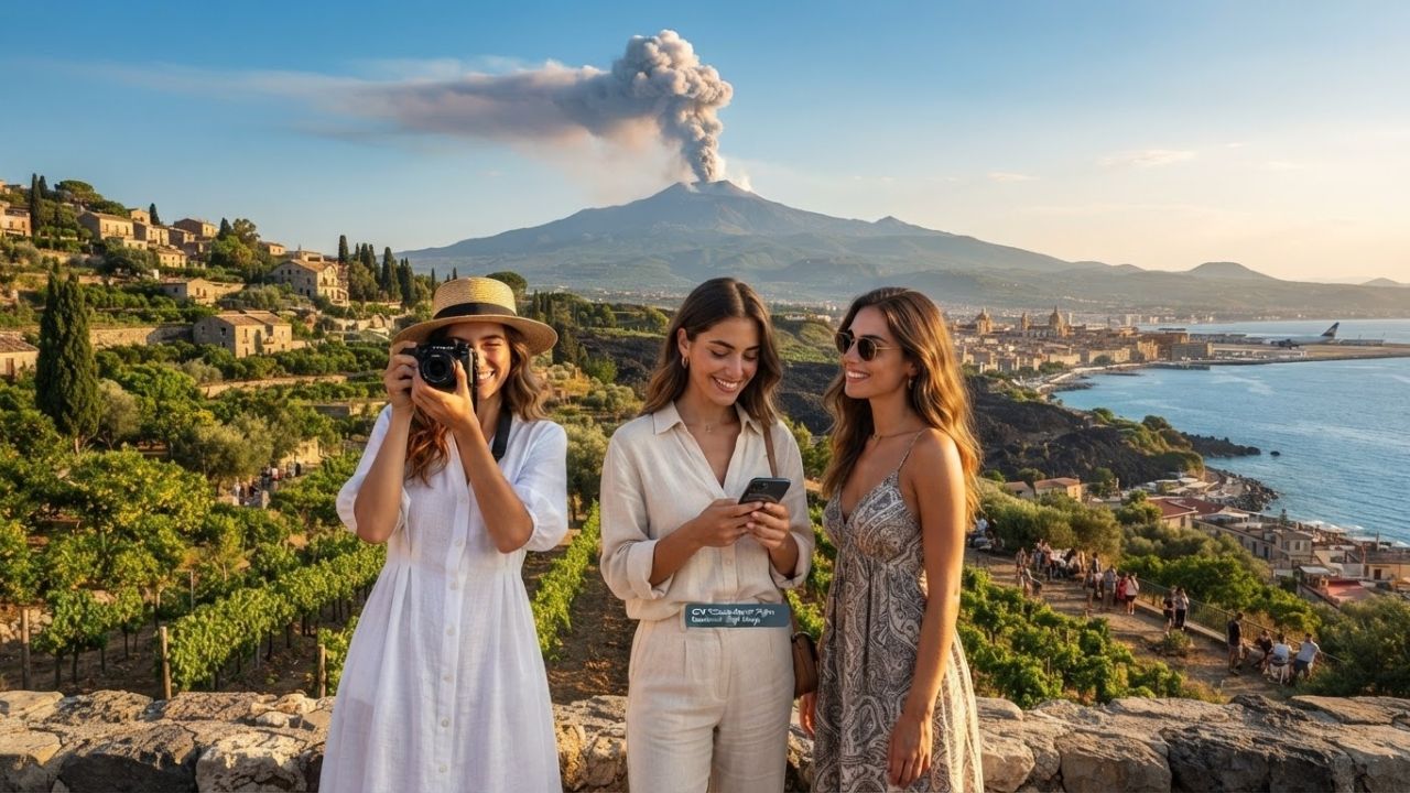 A scenic view of Mount Etna erupting smoke and ash plumes against red evening skies.