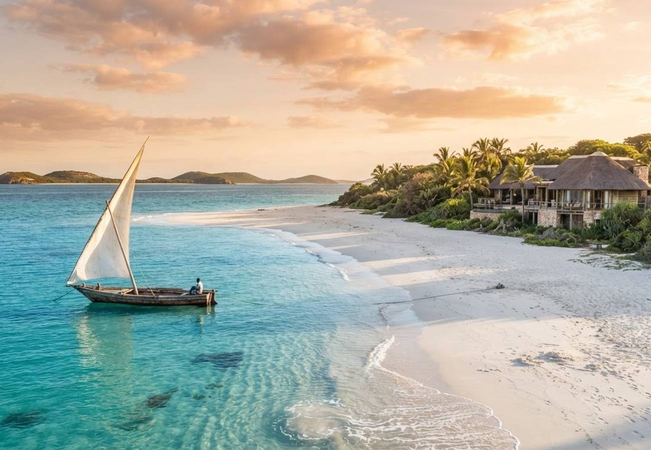 Aerial view of Mozambique coastline and luxury resorts