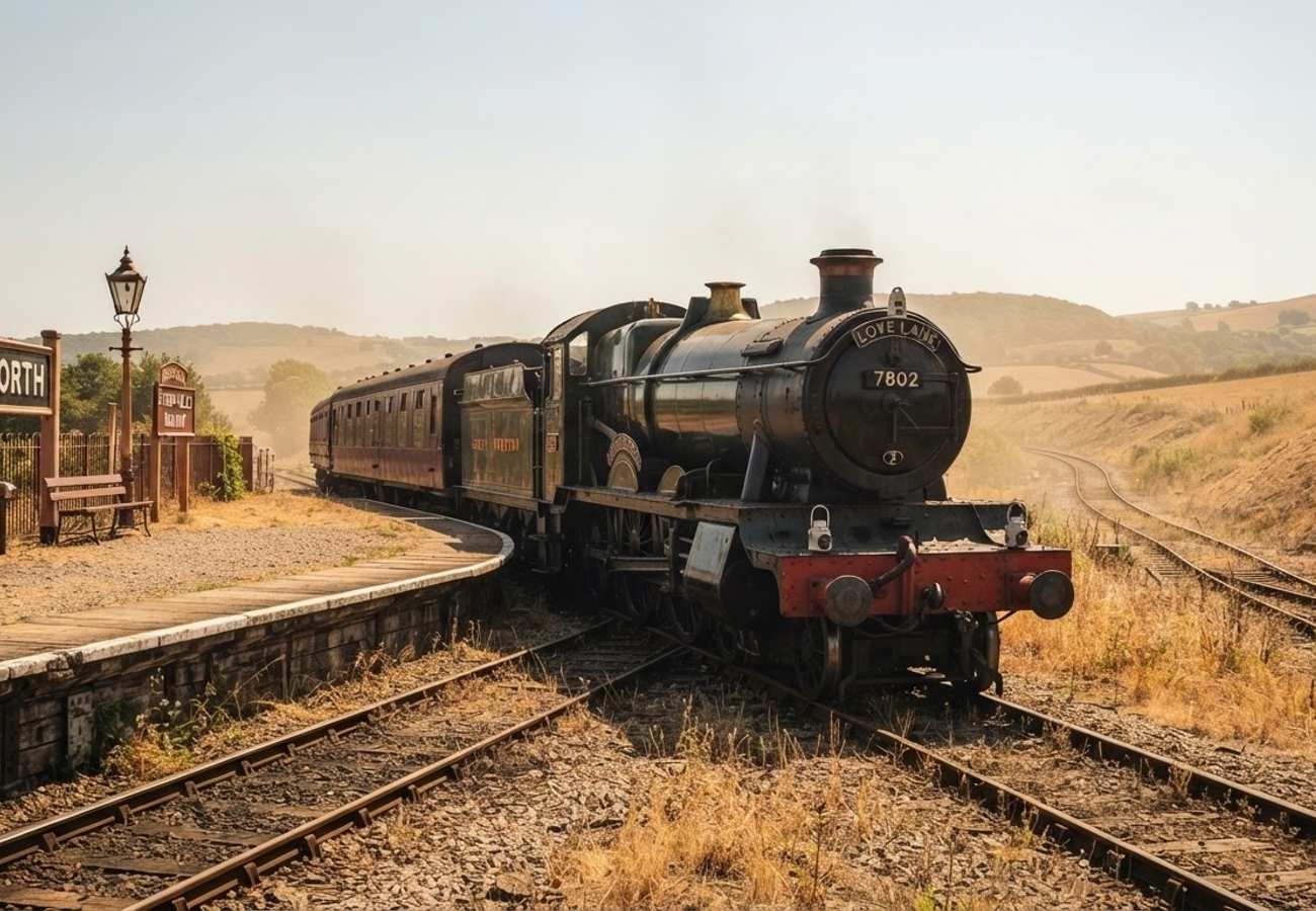 Heritage railway tracks running through the English countryside during a dry summer