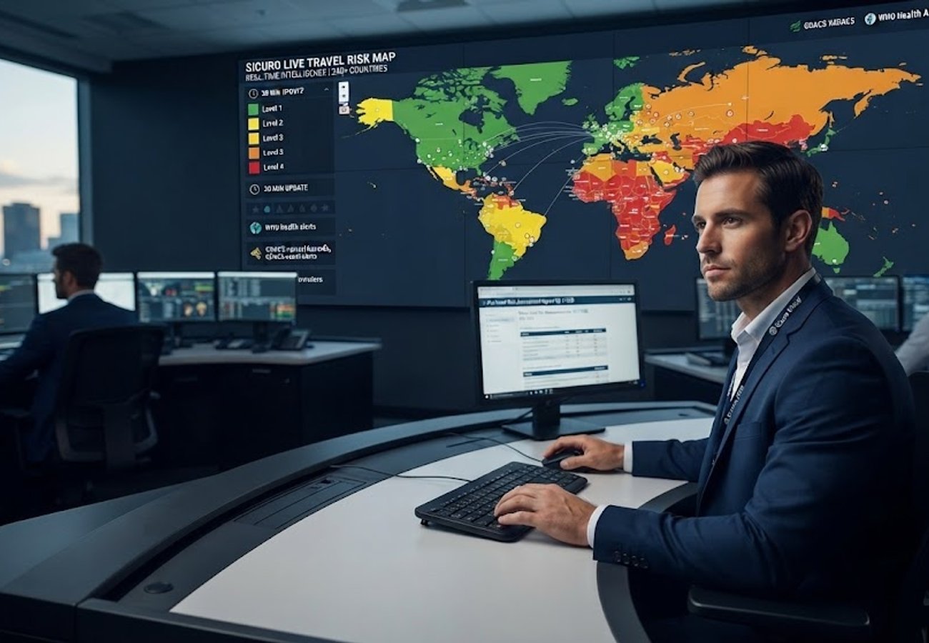 Digital global map showing real-time travel risk heatmaps and safety alerts