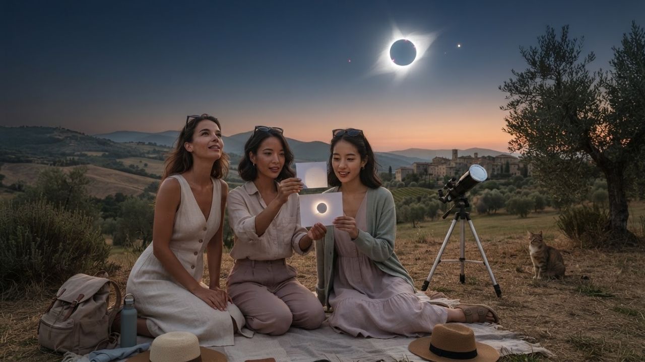 A historic stone castle in Spain under a total solar eclipse sky with a glowing solar corona visible