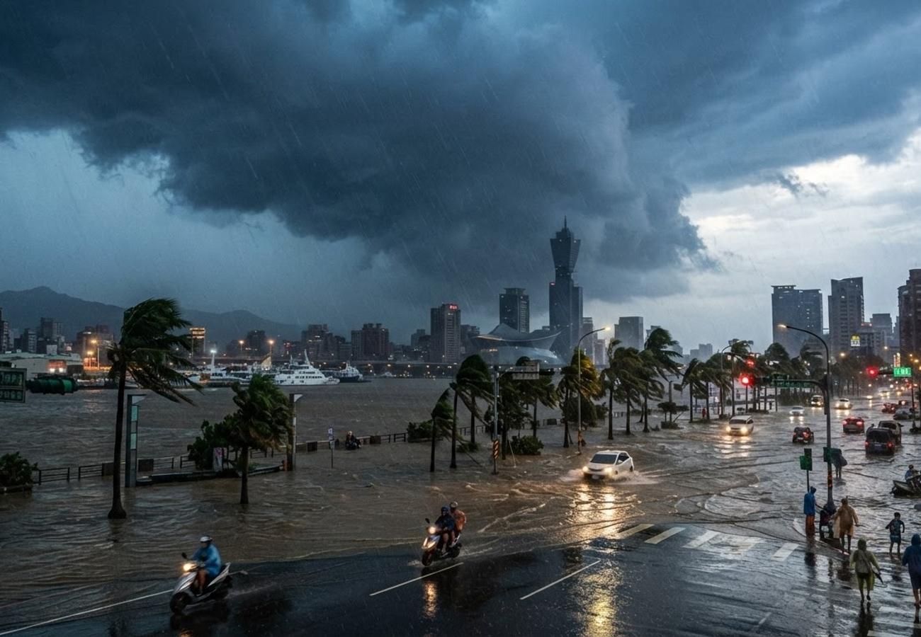 Aerial view of flooding in a Taiwanese urban center during heavy monsoon rain