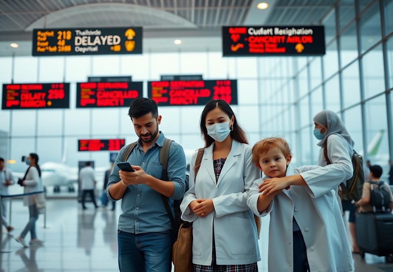Health screening personnel at a Southeast Asian international airport