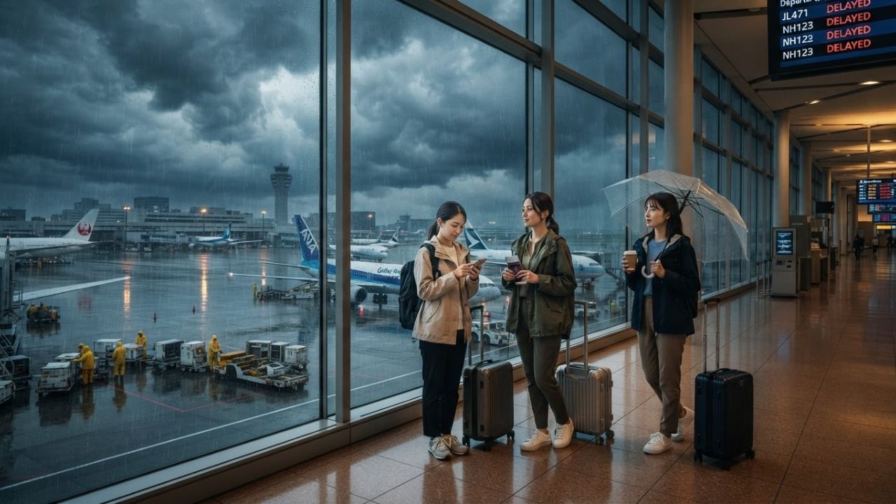 A heavy storm system with dark rain clouds and planes parked on the wet runway at an Asian airport.