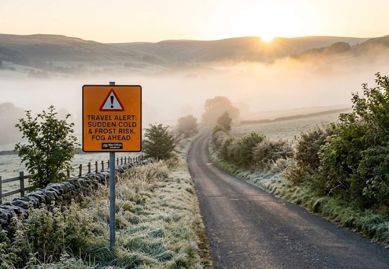 Frosty morning landscape in the British countryside during a sudden August cold snap