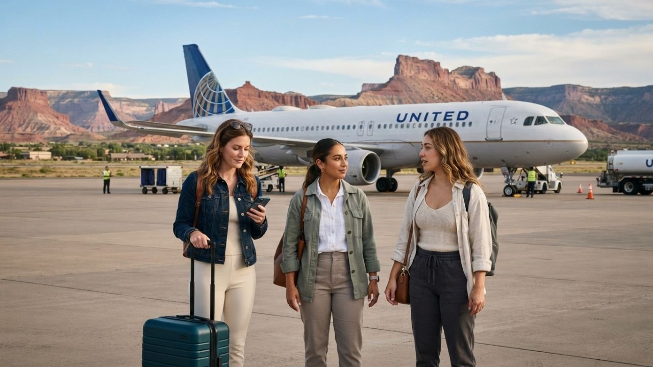 A United Airlines Airbus A320 parked at Grand Junction Regional Airport during a flight diversion