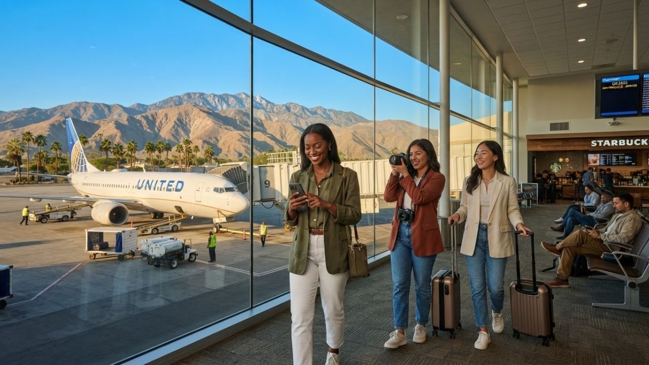 A commercial jet airplane landing on an airfield with mountains in the background under clear skies.