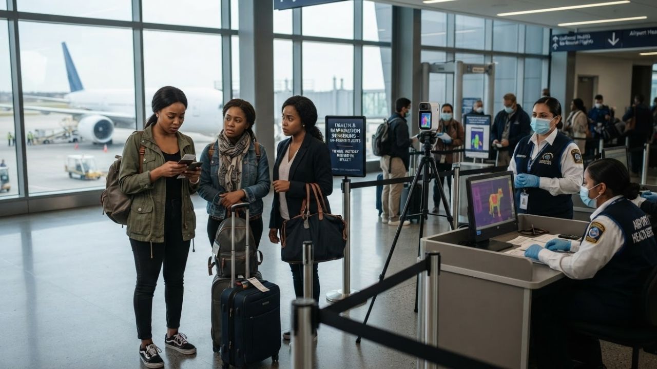 Border control officers performing health screening checks at an international airport terminal.