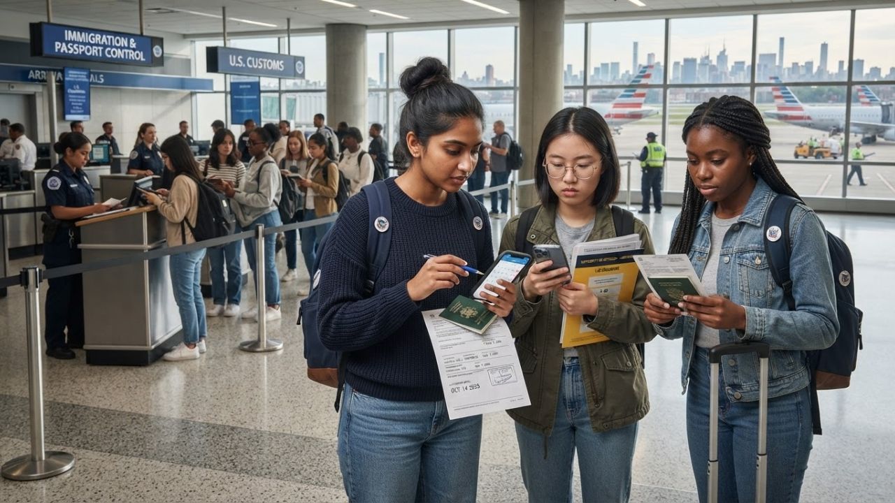 A student looking at travel documents inside an international airport terminal.
