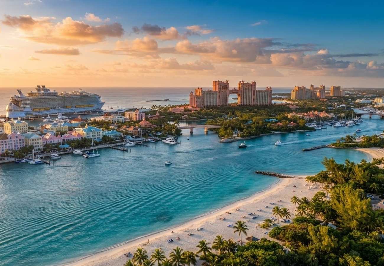Aerial view of turquoise waters and white sand beaches in The Bahamas