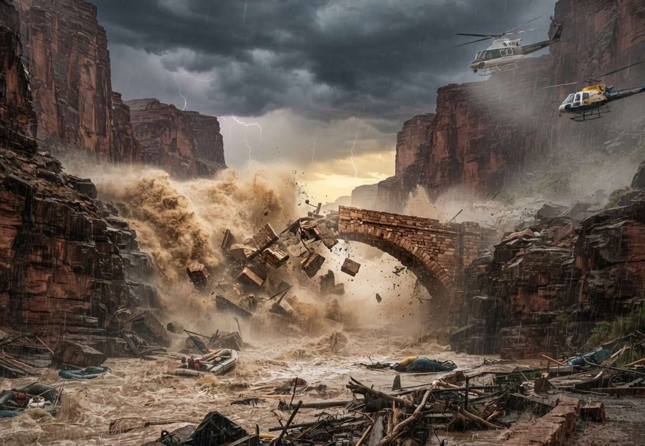 Aerial view of flash flood damage in a US National Park canyon