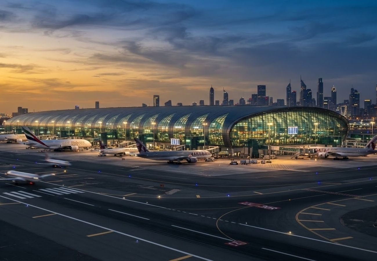 Aerial view of a major Middle Eastern aviation hub