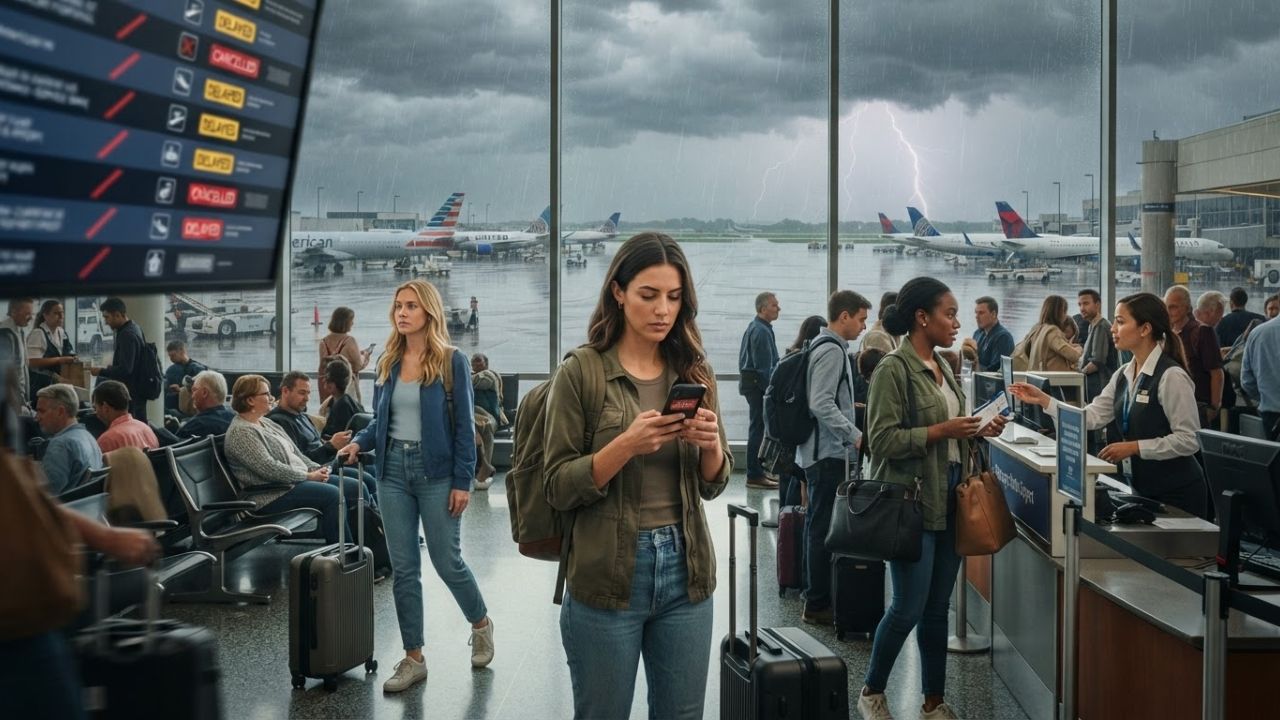 Crowds of delayed travelers checking departure screens inside a packed airport terminal.