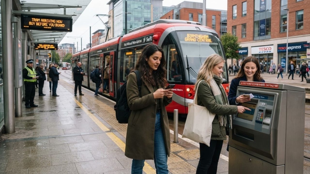 A modern blue tram operating along the West Midlands Metro line in Birmingham, UK.