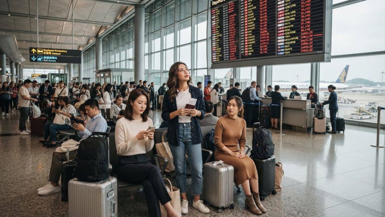 Crowded airport departure terminal display showing flight delays and cancellations across Asian hubs
