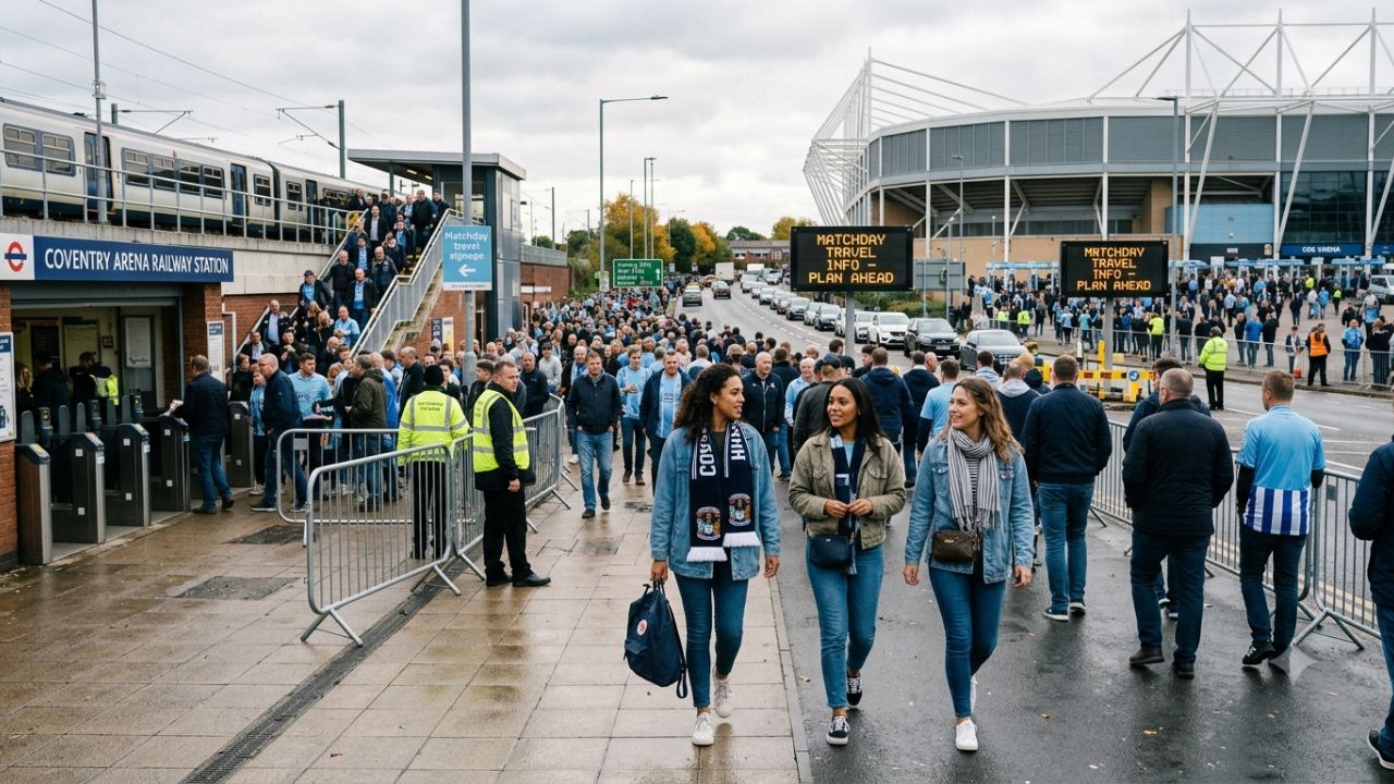 Coventry Arena station rail shuttles and CBS Arena matchday crowd movement in West Midlands 2026
