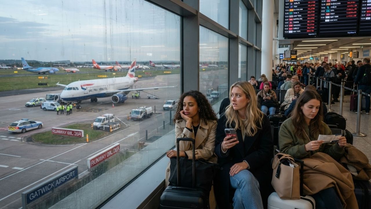 Tarmac view of commercial aircraft queued for departure at London Gatwick Airport during runway delays