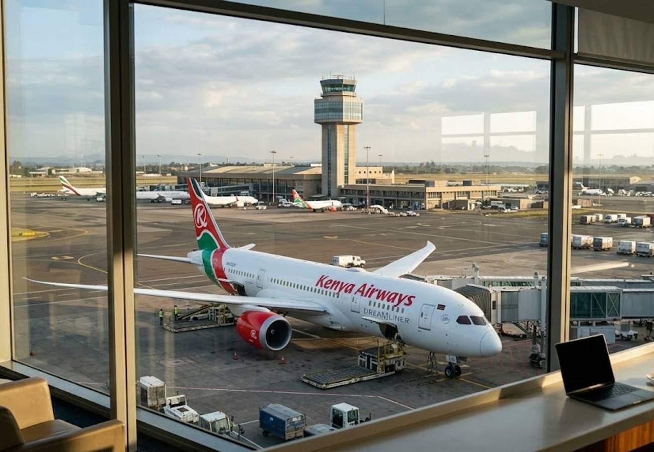 Aerial view of Jomo Kenyatta International Airport terminal and runways