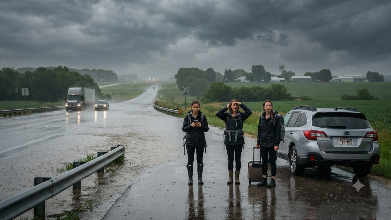 Heavy rain and standing water on highway tarmac with air traffic control tower under stormy skies