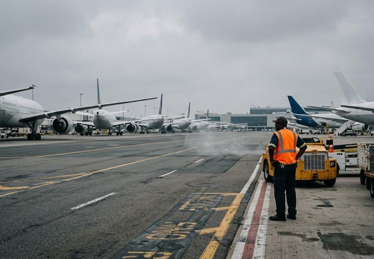 Air traffic control tower at a major New York airport during a disruption