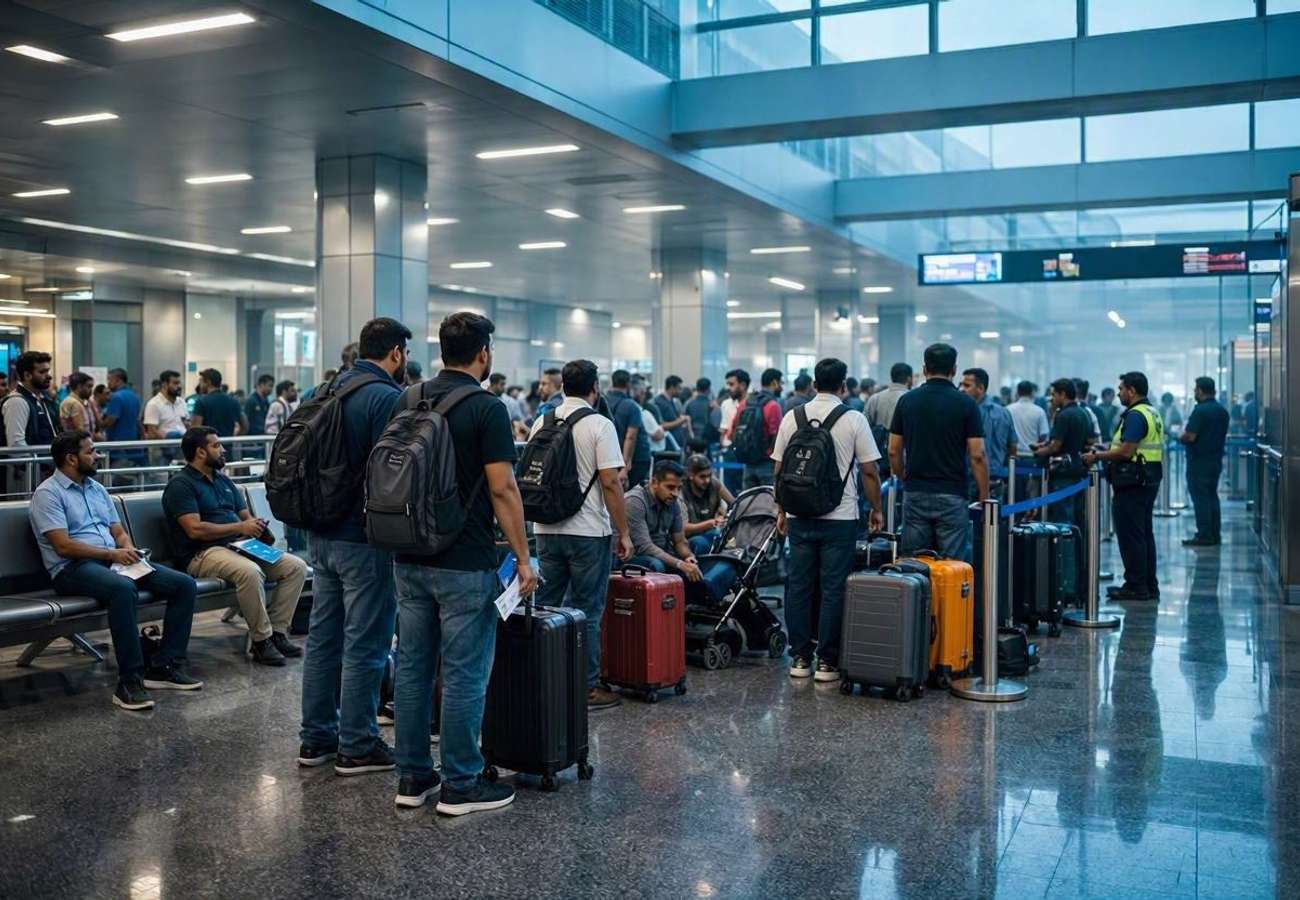 Passengers waiting at Indira Gandhi International Airport Terminal 1