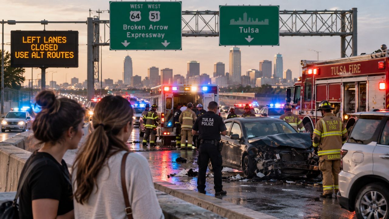 Emergency vehicles responding to traffic diversion on Broken Arrow Expressway in Tulsa Oklahoma 2026