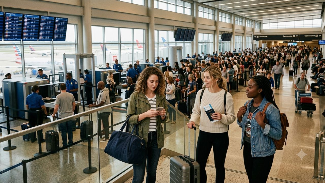 Crowded TSA security checkpoint lanes at Hartsfield-Jackson Atlanta International Airport during holiday travel
