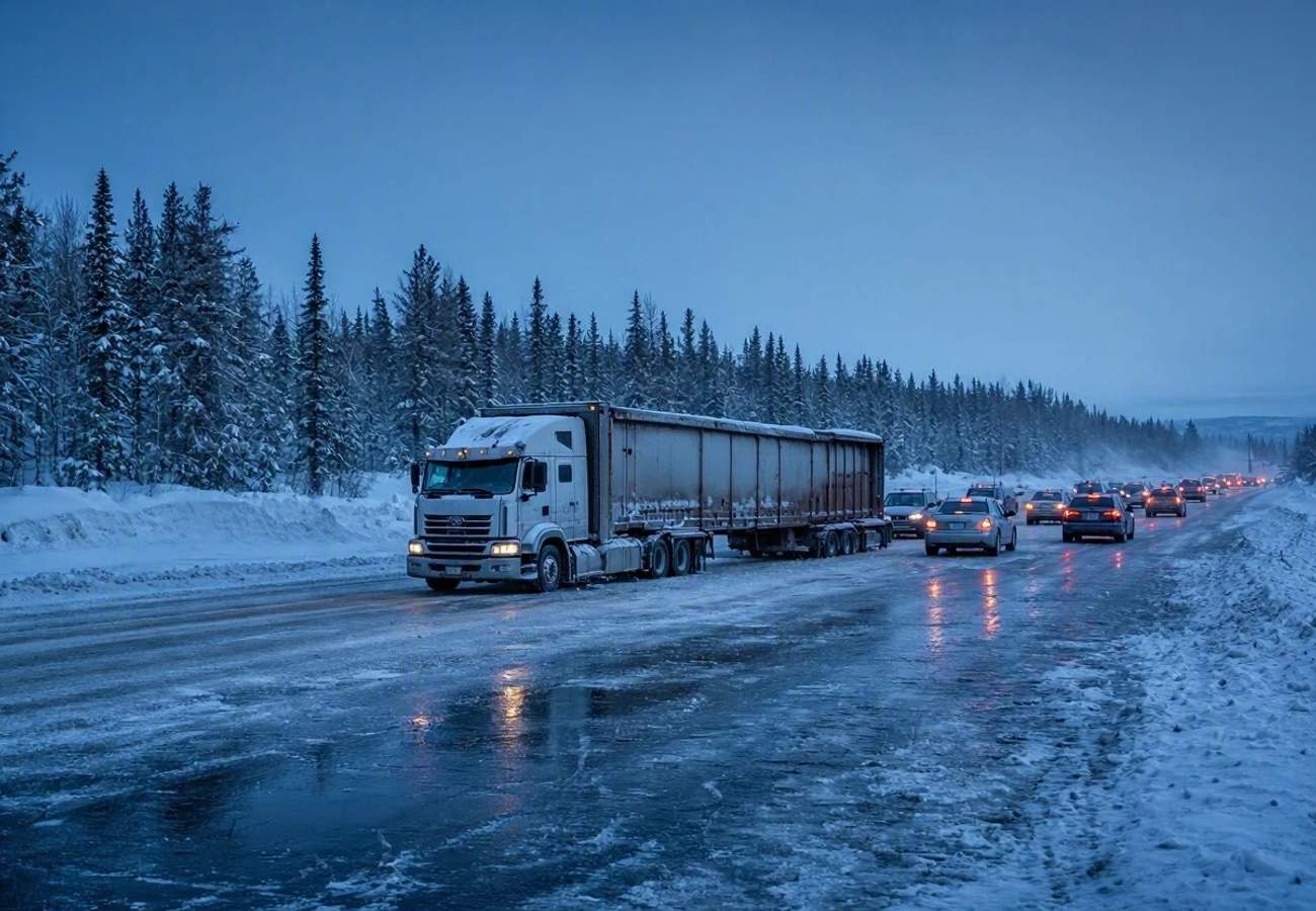 Snow-covered highway in Alberta with stranded vehicles